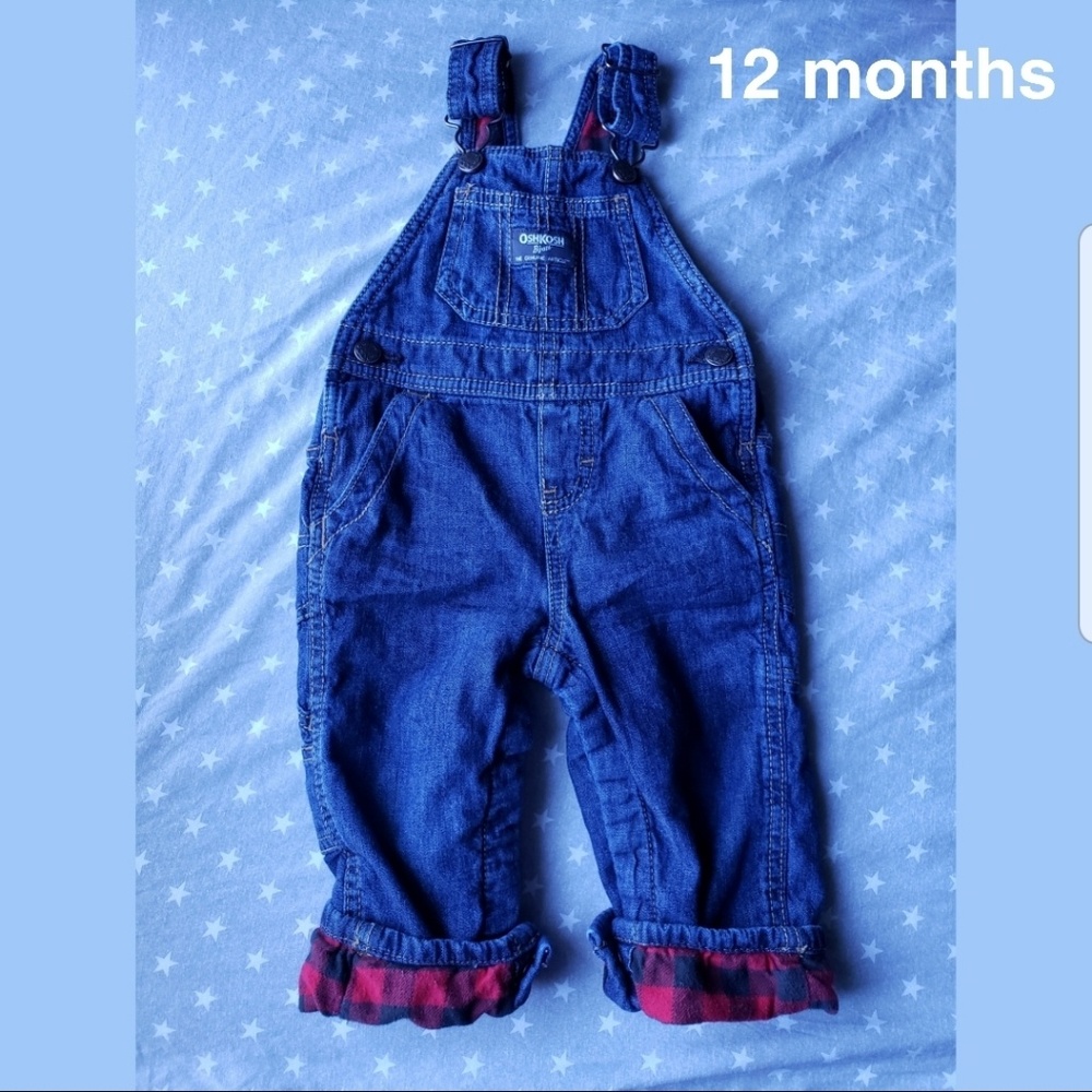 Oshkosh red flannel lined overalls dark wash 12m